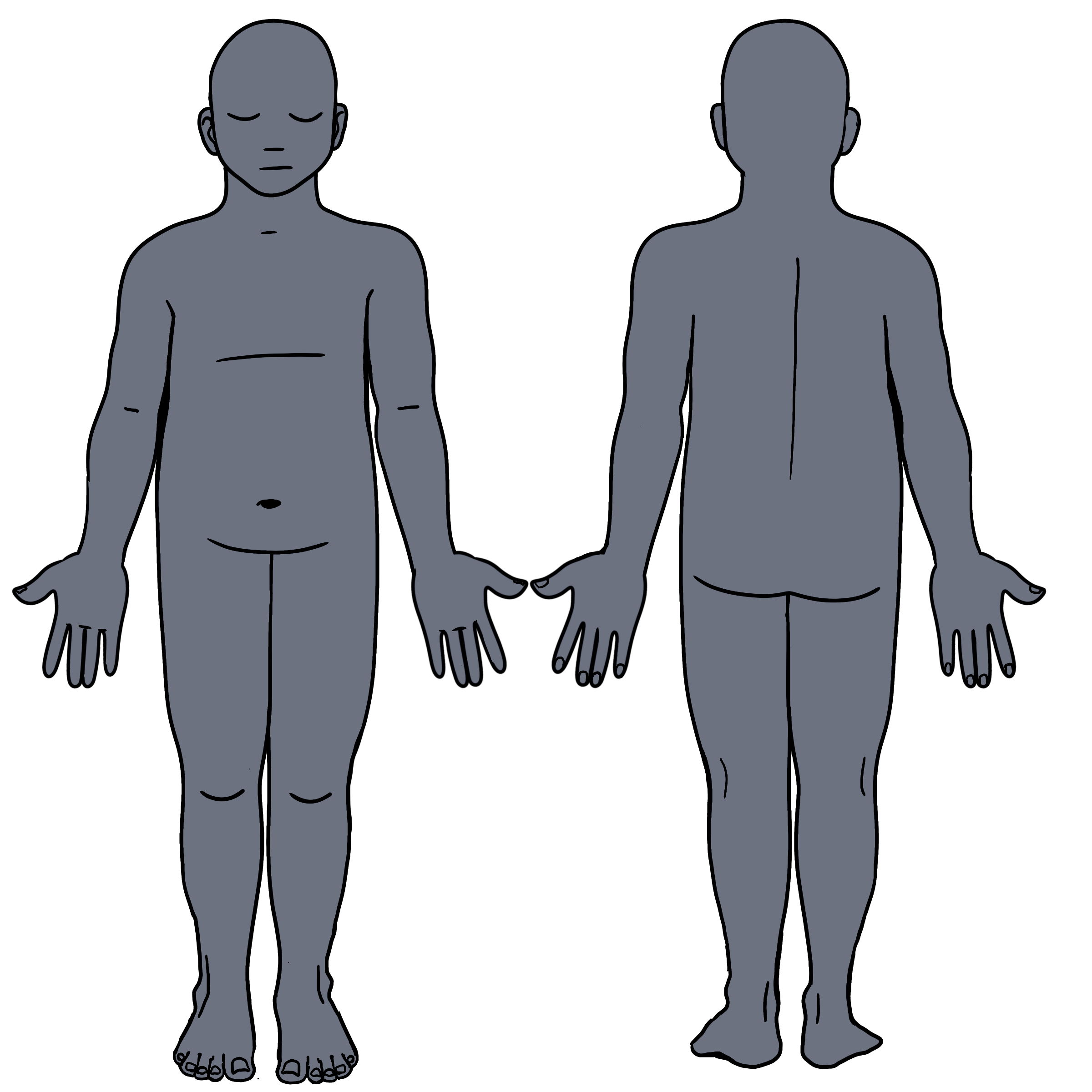 Front and back outlines of a medium sized body, eyes closed, no hair, chest indicated by a line. Gray skin.